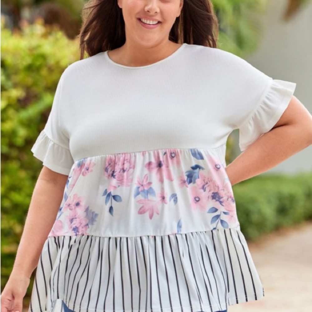 Floral Ruffle Hem Top - White and Pink